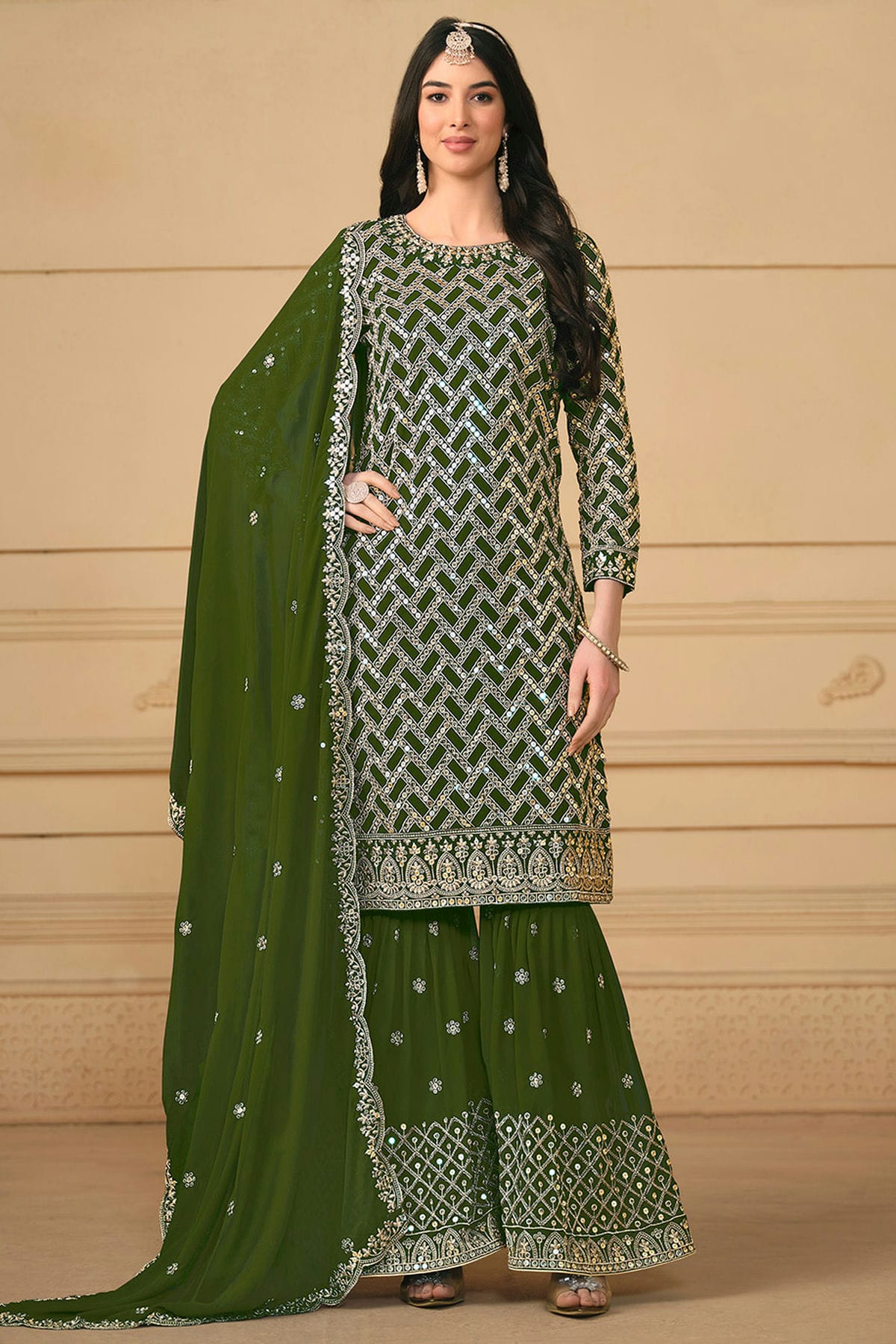 Mehendi Green Colour Faux Georgette Sharara Suit