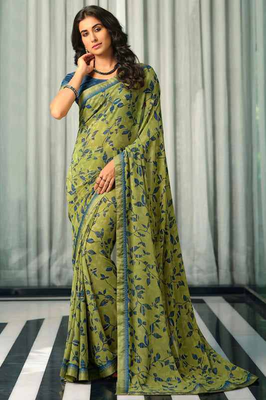 Mehendi Green Colour Georgette Printed Saree