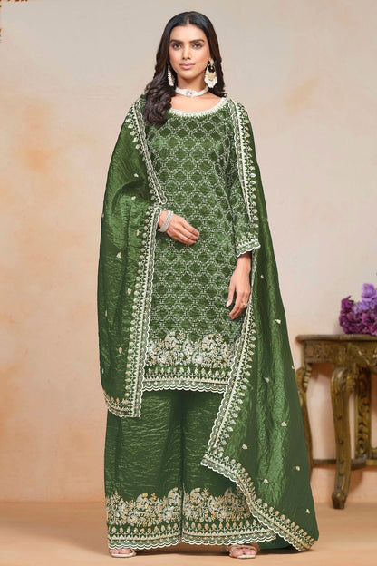 Mehendi Green Colour Gold Crush Semi Stitched Palazzo Pant Suit