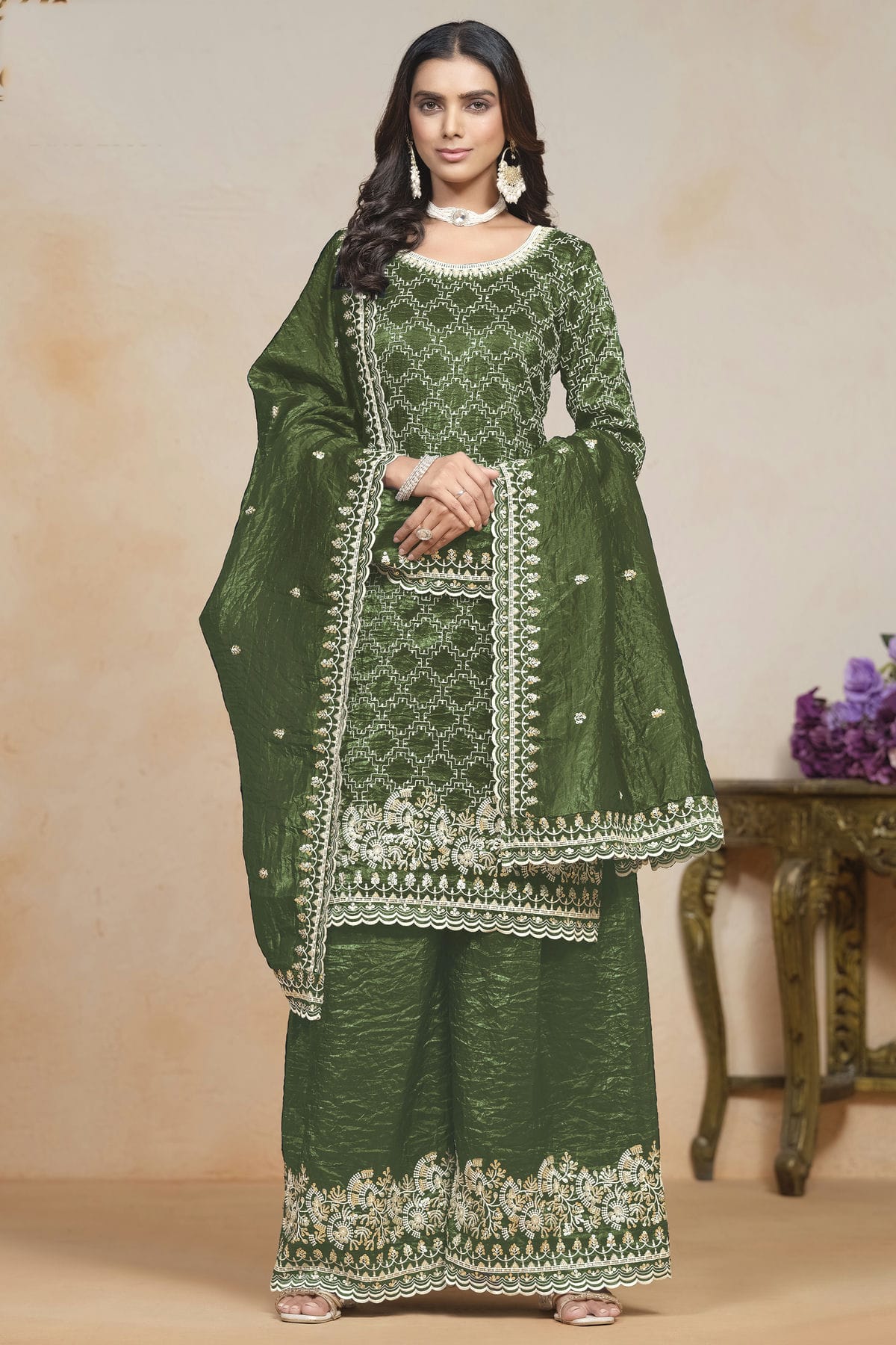 Mehendi Green Colour Gold Crush Semi Stitched Palazzo Pant Suit