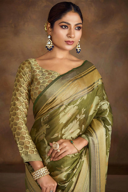 Mehendi Green Colour Moss Brasso Traditional Saree