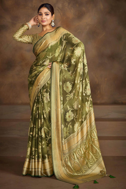 Mehendi Green Colour Moss Brasso Traditional Saree