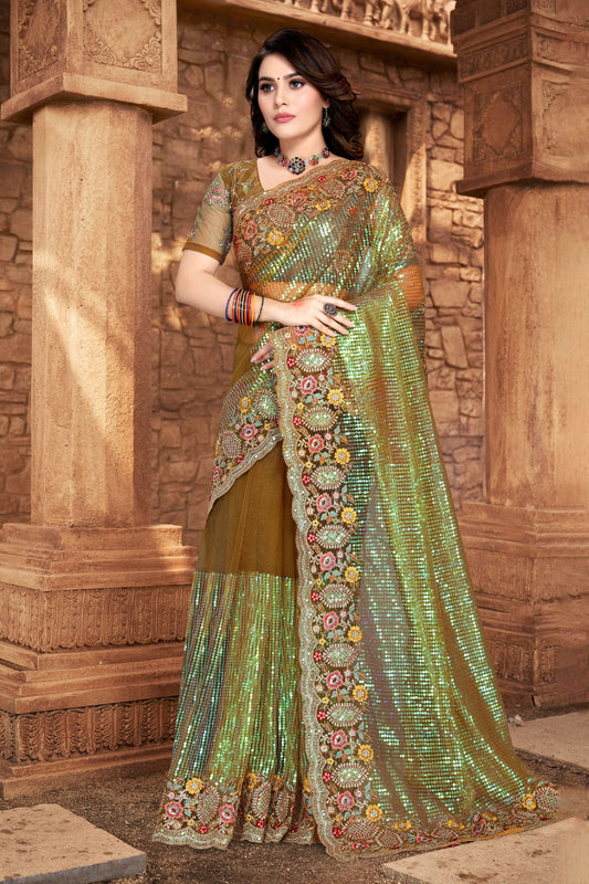 Mehendi Green Colour Net Designer Saree