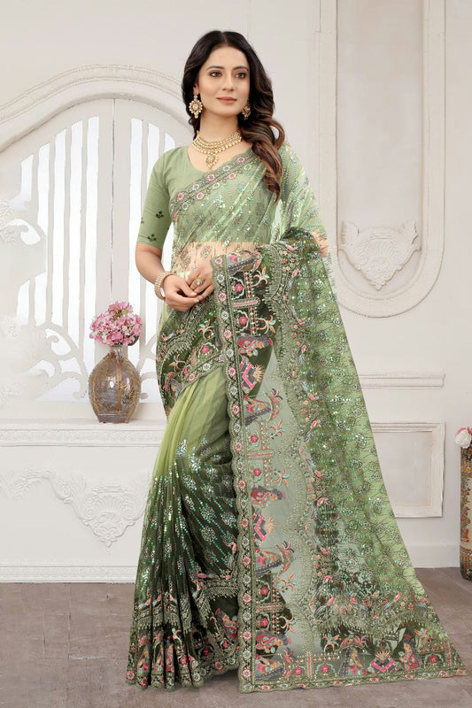 Mehendi Green Colour Net Designer Saree