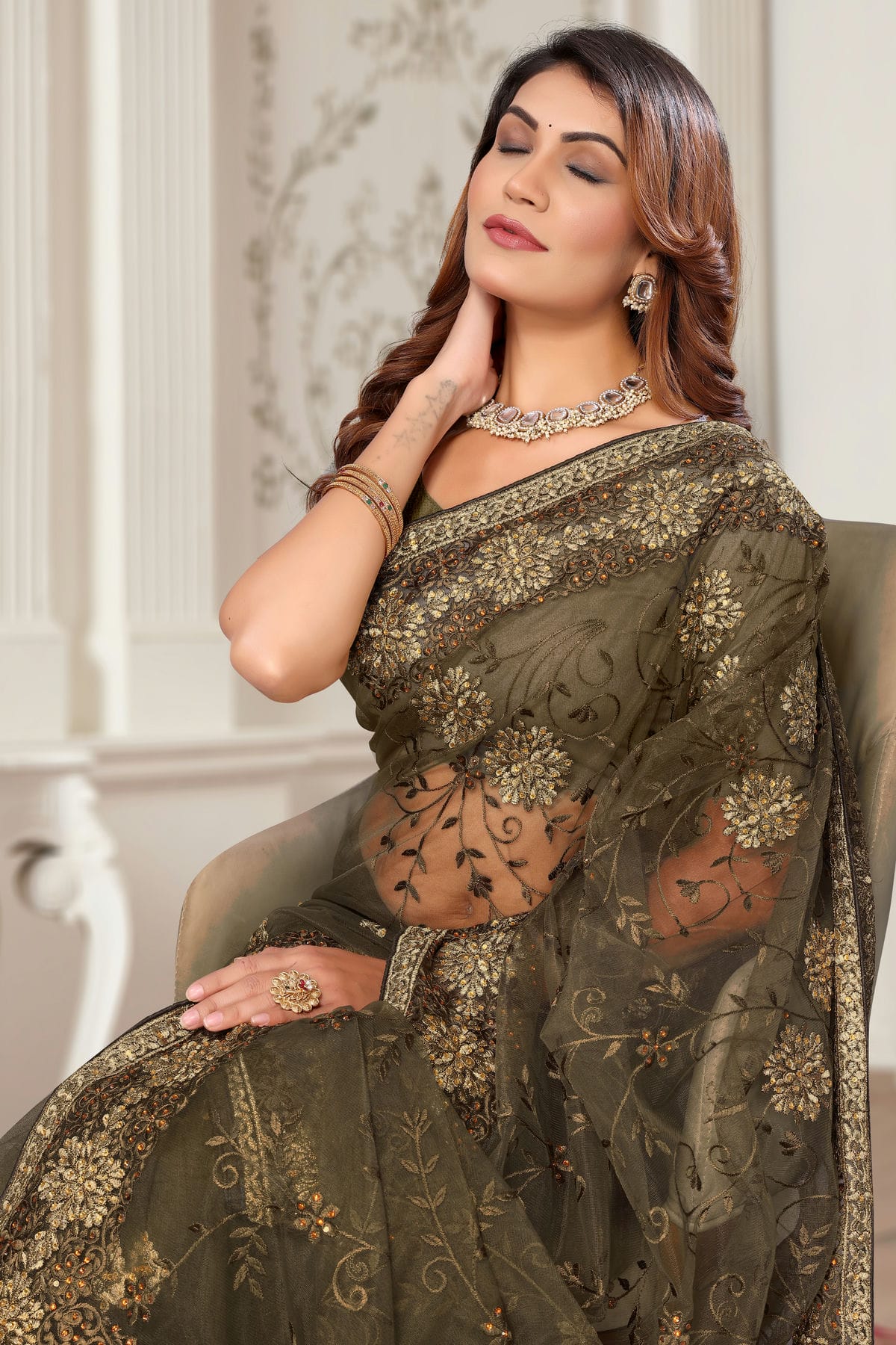 Mehendi Green Colour Net Designer Saree