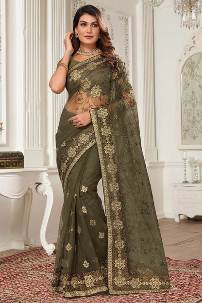 Mehendi Green Colour Net Designer Saree