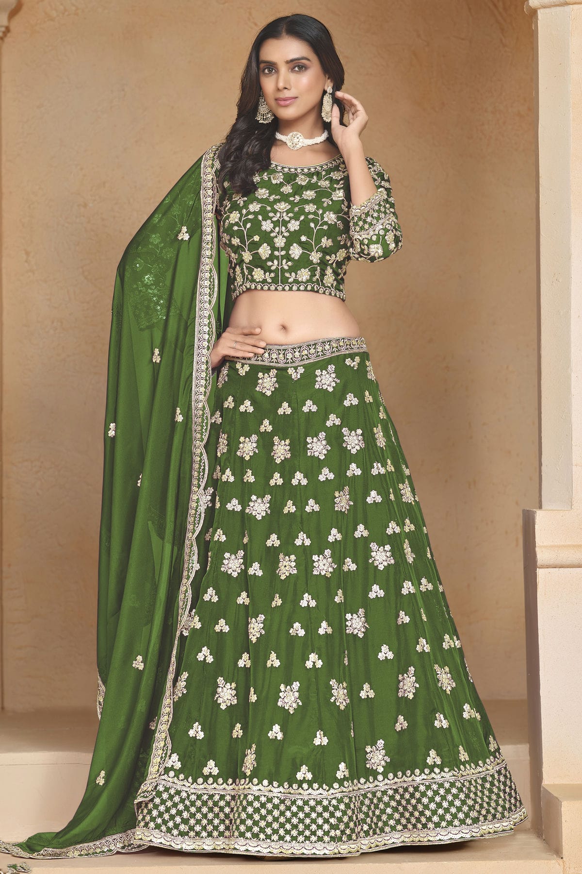 Mehendi Green Colour Organza Lehenga Choli