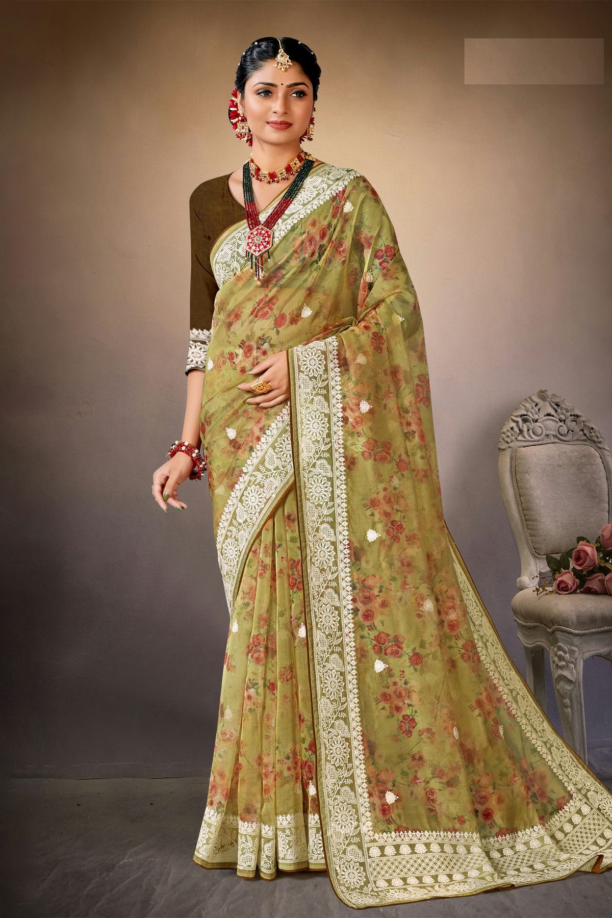 Mehendi Green Colour Organza Printed Saree