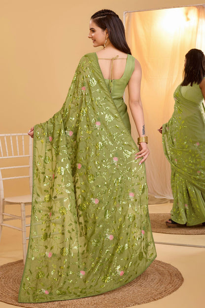 Mehendi Green Colour Organza Saree