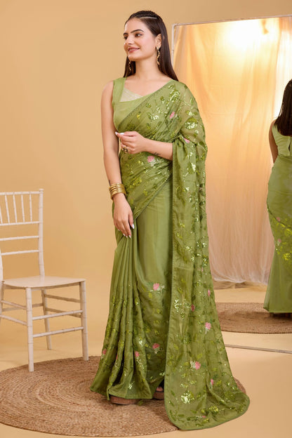 Mehendi Green Colour Organza Saree