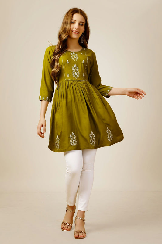 Mehendi Green Colour Rayon Thread Work,Sequins Work,Embroidery Work Readymade Top