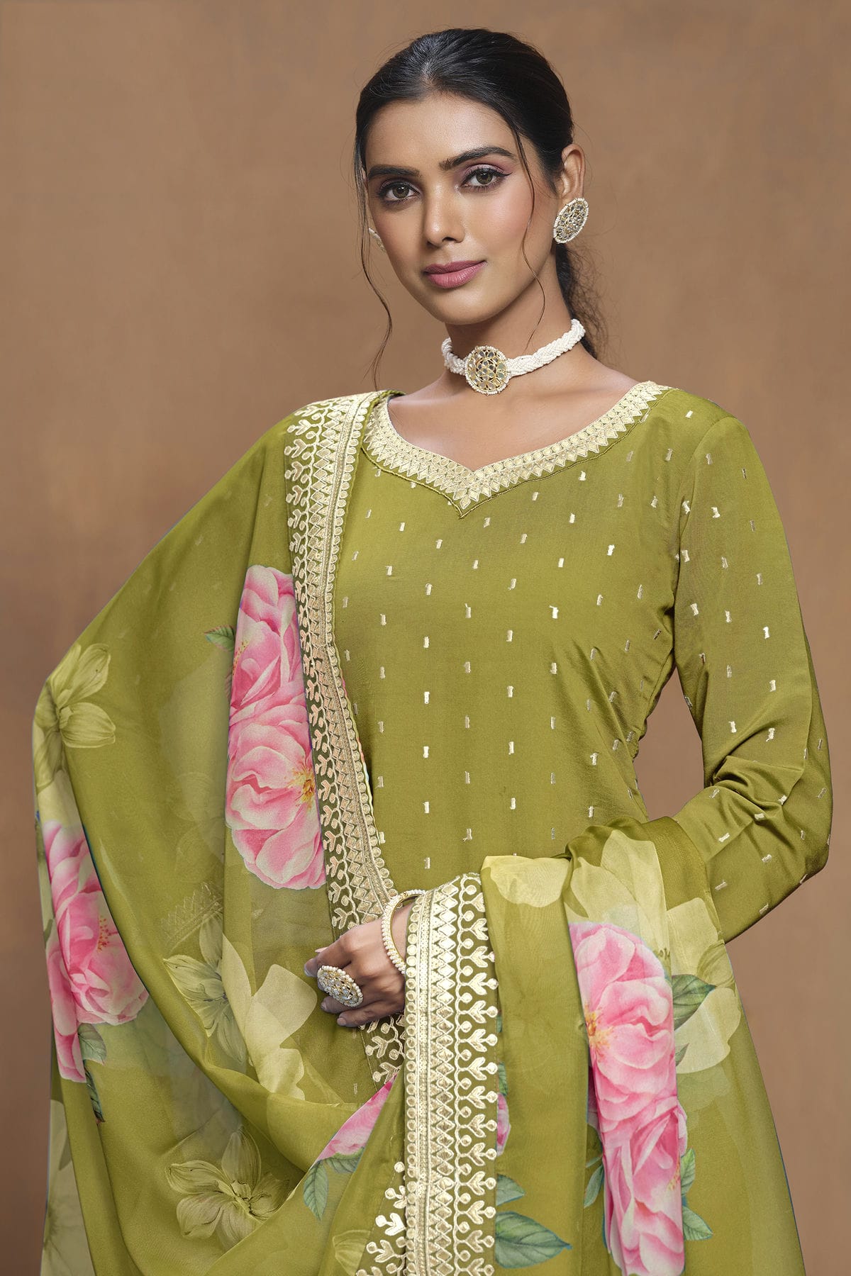 Mehendi Green Colour Roman Silk Sharara Suit VSSM1050566