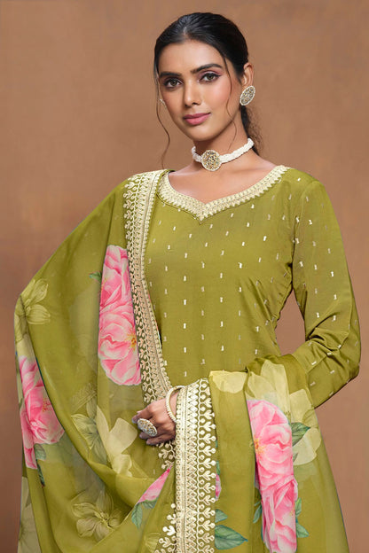 Mehendi Green Colour Roman Silk Sharara Suit VSSM1050566