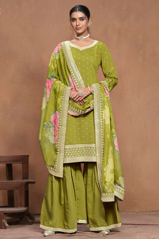 Mehendi Green Colour Roman Silk Sharara Suit