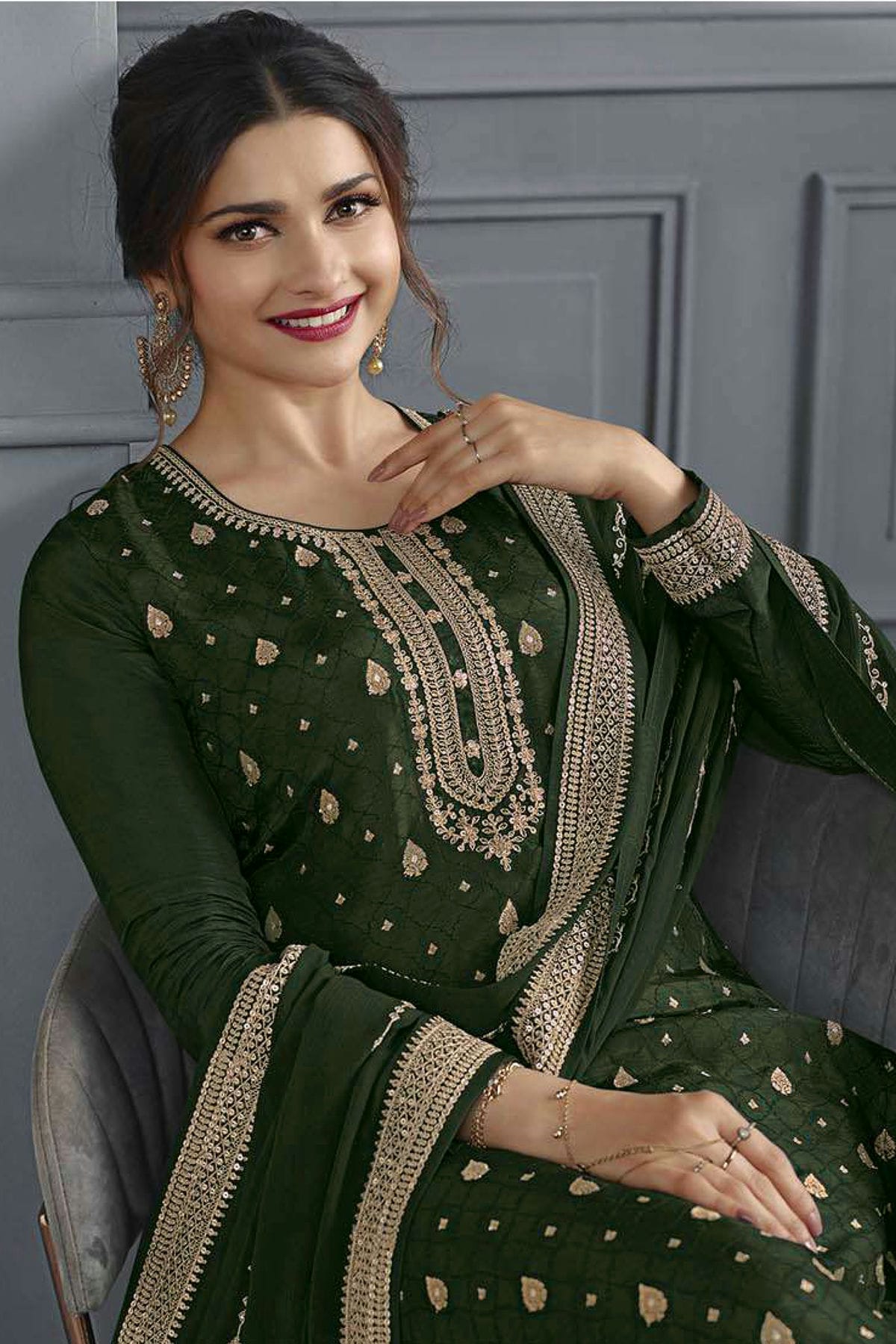 Mehendi Green Colour Semi Stitched Dola Jacquard Silk Palazzo Pant Suit