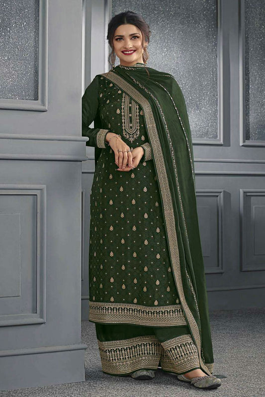 Mehendi Green Colour Semi Stitched Dola Jacquard Silk Palazzo Pant Suit