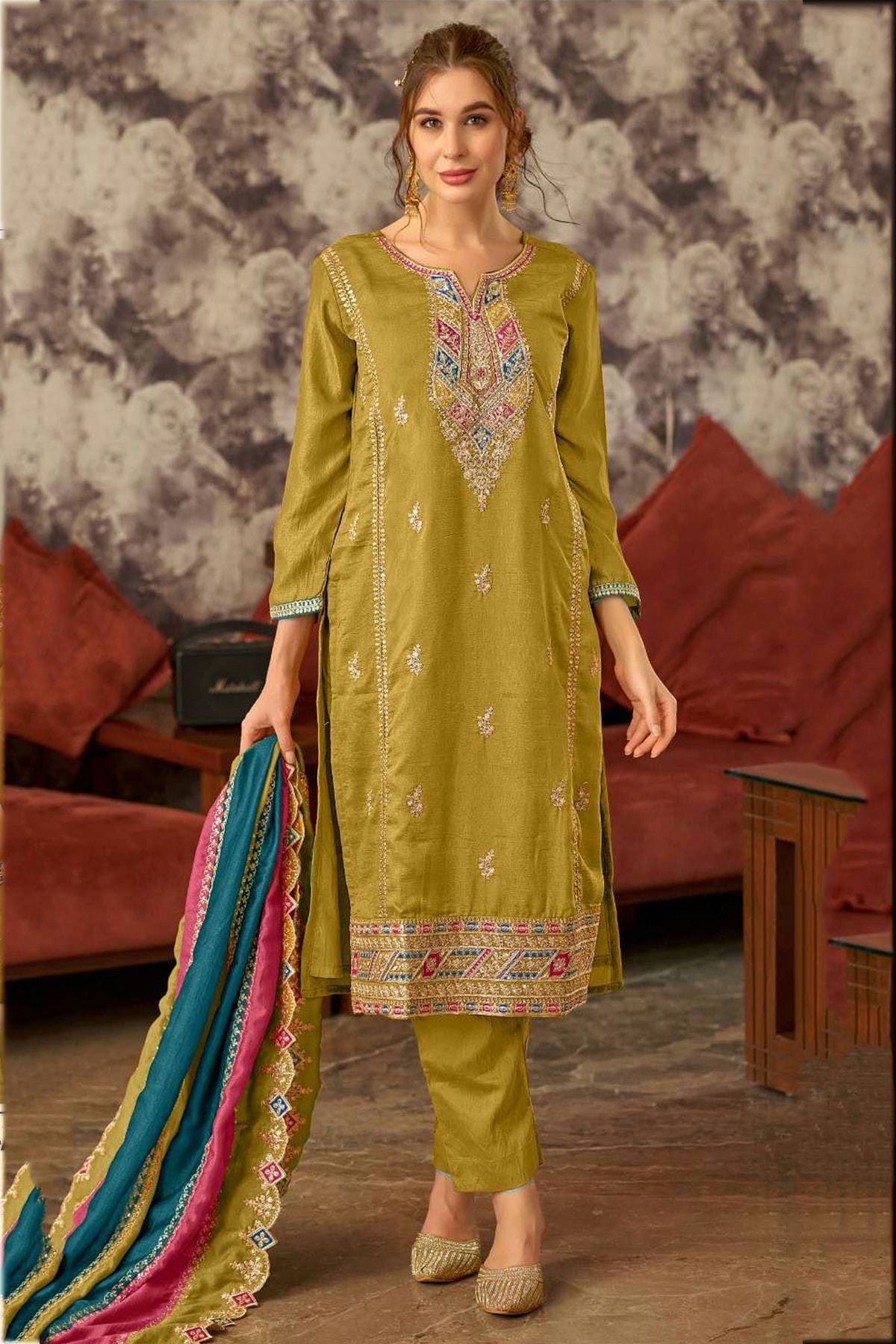 Mehendi Green Colour Semi Stitched Faux Georgette Pant Style Suit