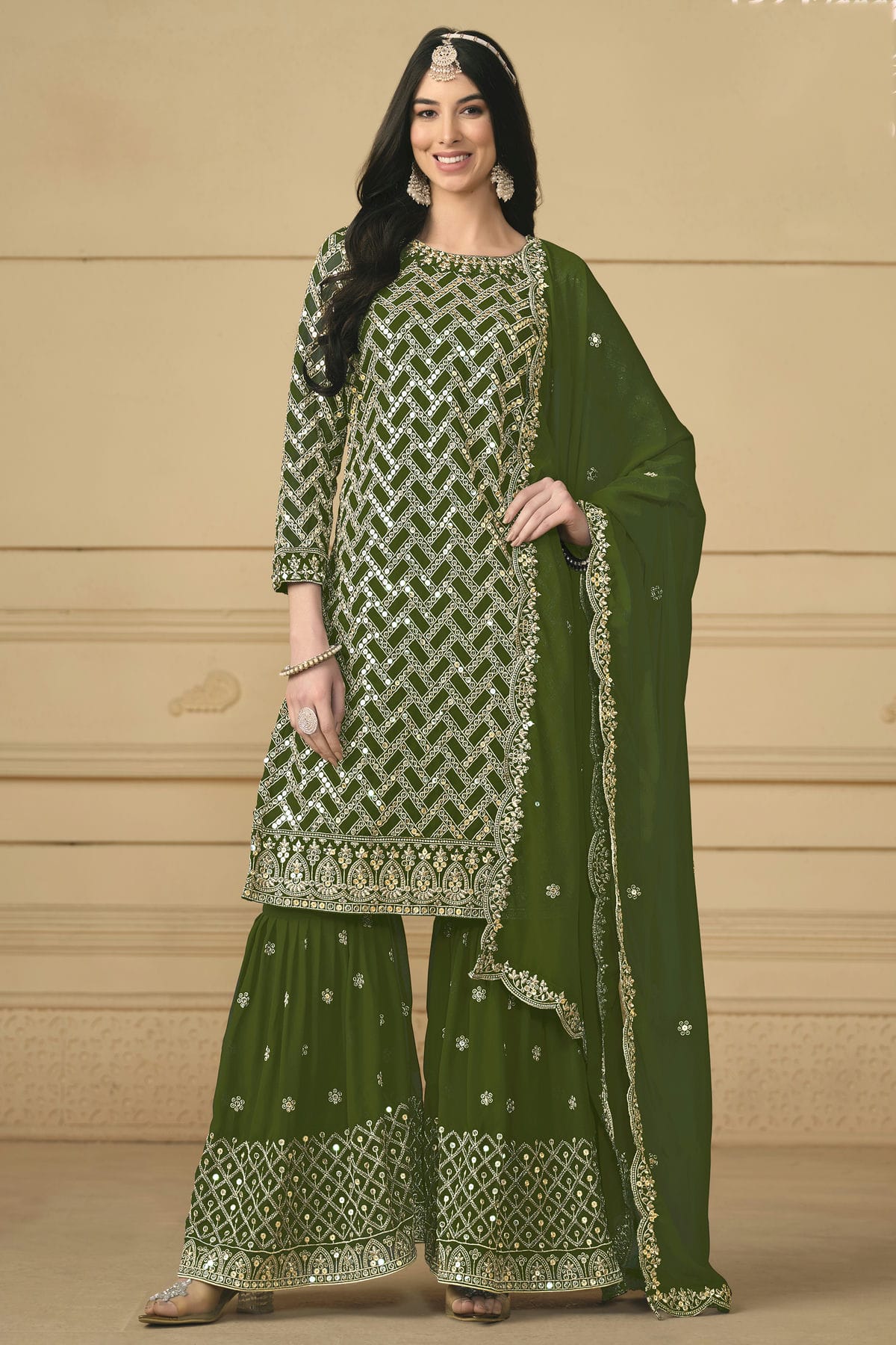 Mehendi Green Colour Semi Stitched Faux Georgette Sharara Suit