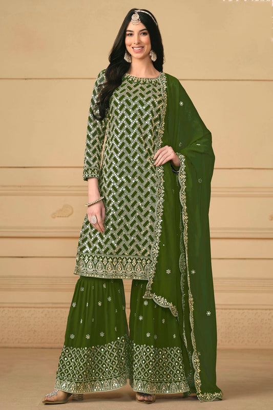 Mehendi Green Colour Semi Stitched Faux Georgette Sharara Suit