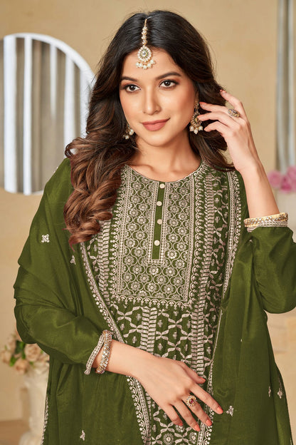 Mehendi Green Colour Sharara Suit Chinon Semi Stitched