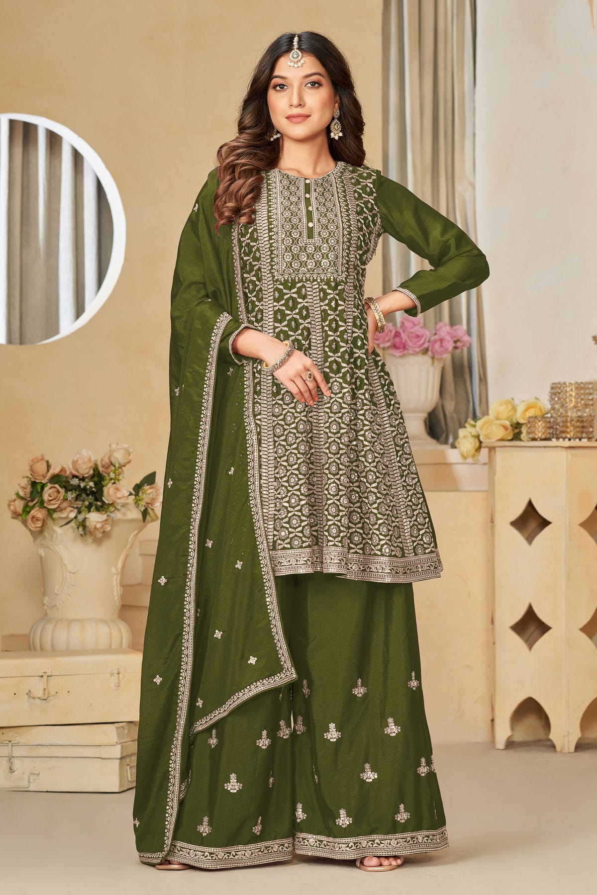 Mehendi Green Colour Sharara Suit Chinon Semi Stitched