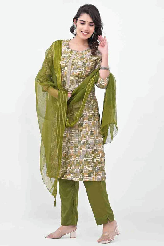 Mehendi Green Colour Silk Stitched Pant Style Suit VSSS1140731