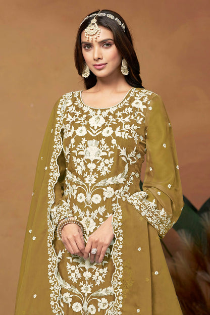 Mehendi Green Colour Straight Suit Soft Organza Semi Stitched