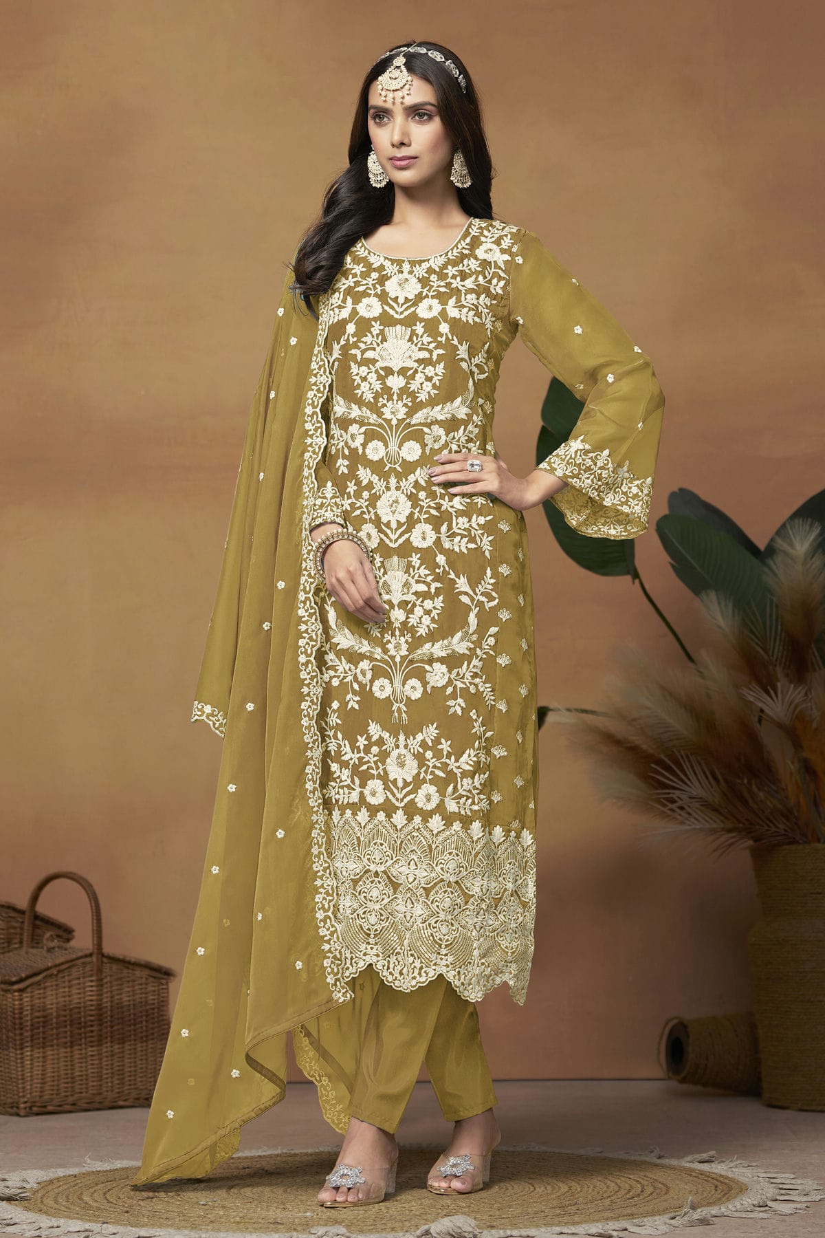 Mehendi Green Colour Straight Suit Soft Organza Semi Stitched