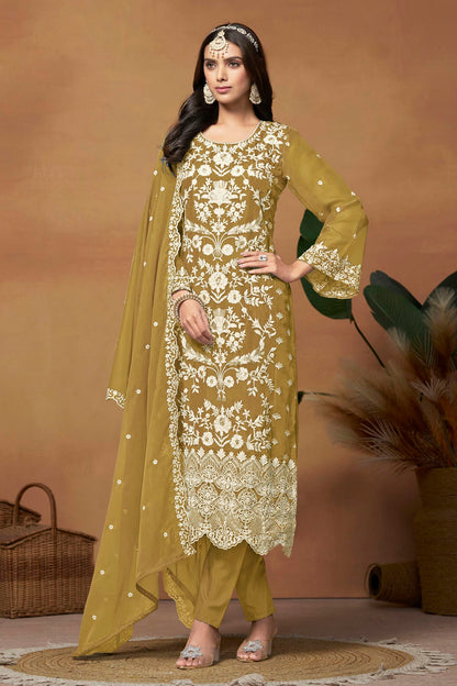 Mehendi Green Colour Straight Suit Soft Organza Semi Stitched