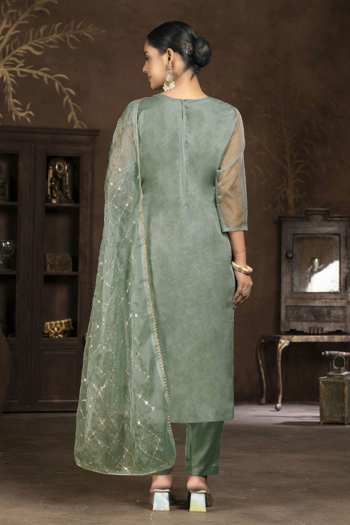 Mehendi Green Colour Unstitched Pure Organza Pant Style Suit