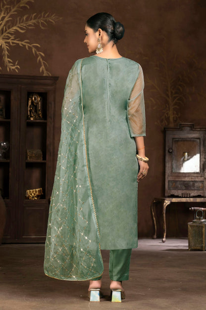 Mehendi Green Colour Unstitched Pure Organza Pant Style Suit