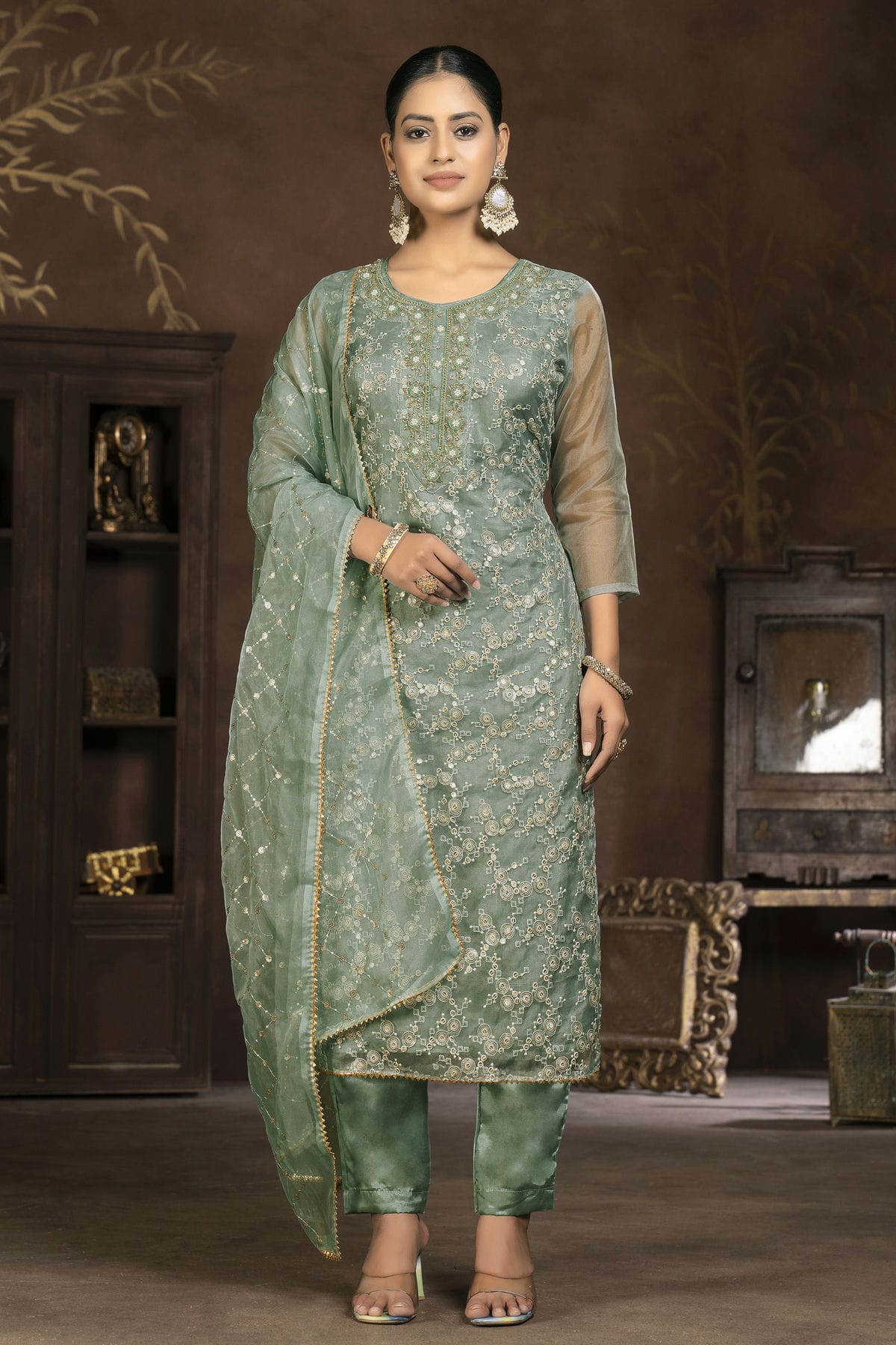 Mehendi Green Colour Unstitched Pure Organza Pant Style Suit