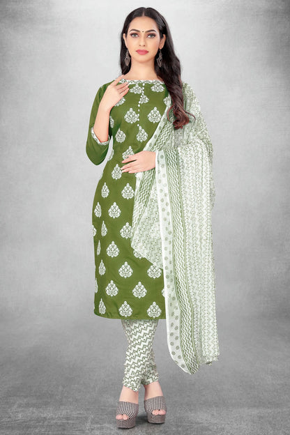 Mehendi Green Colour Unstitched Slub Cotton Churidar Suit