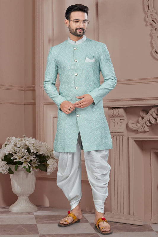 Mint Green Colour Silk Dupion Dhoti Sherwani