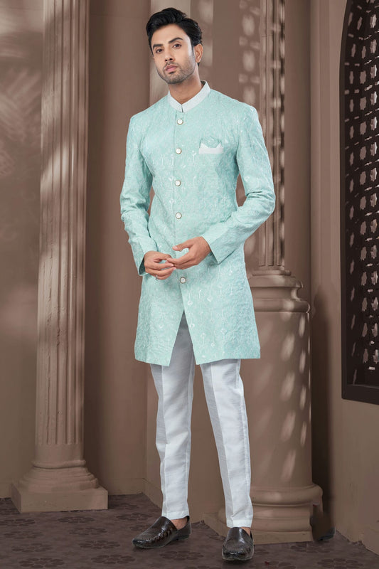 Mint Green Colour Silk Dupion Sherwani