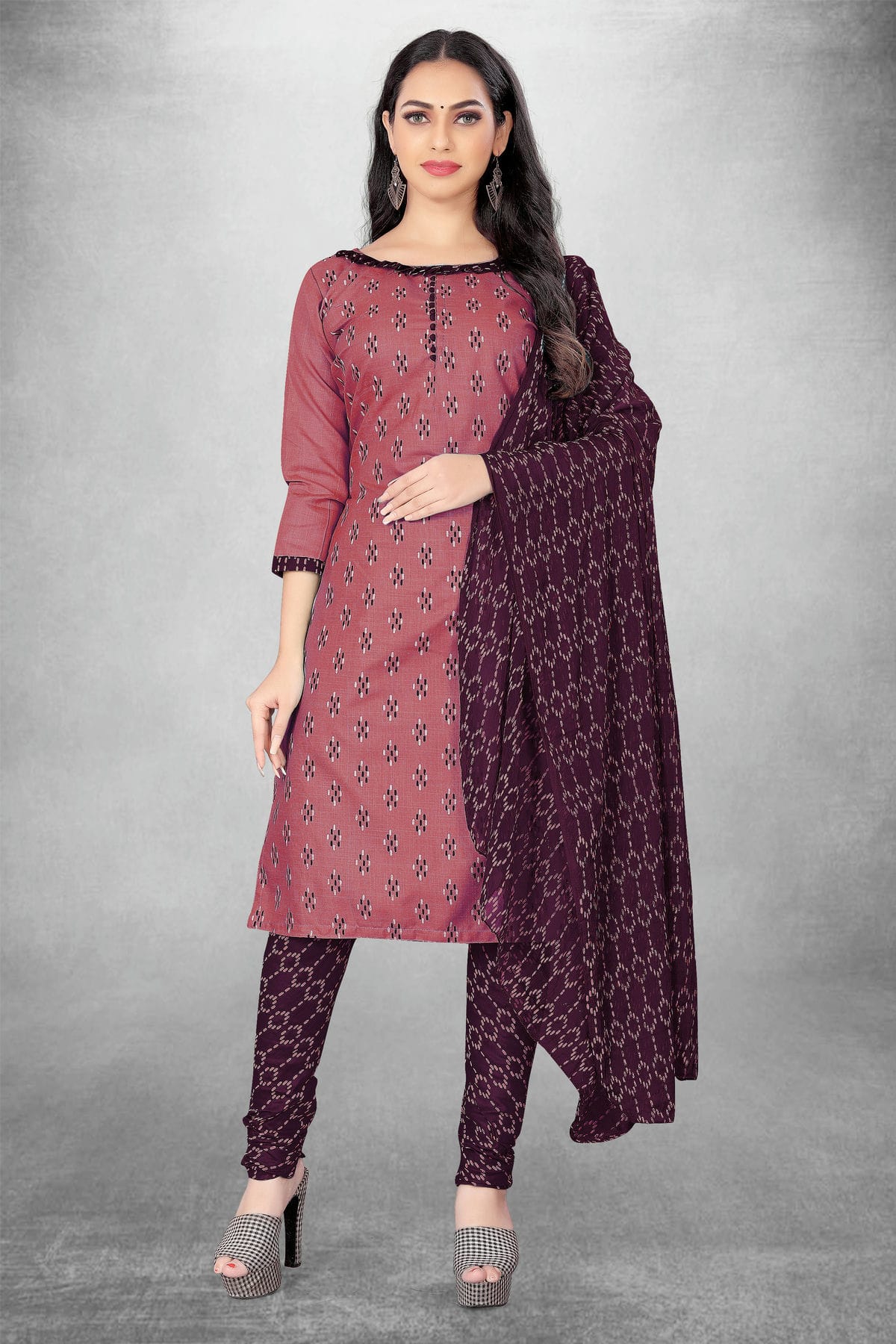 Muave Colour Unstitched Slub Cotton Churidar Suit