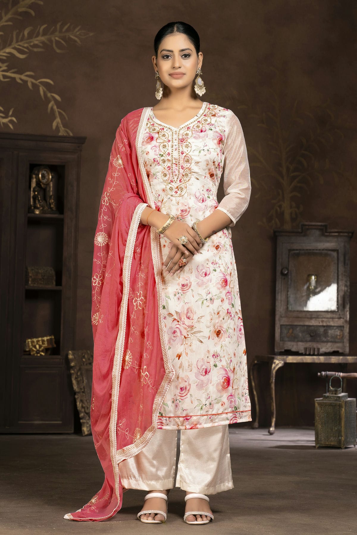 Multi Colour Unstitched Modal Cotton Pant Style Suit