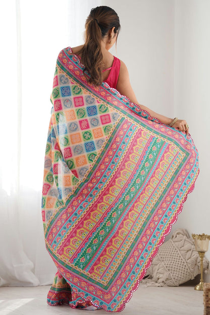 Multicolour Chinon Printed Saree