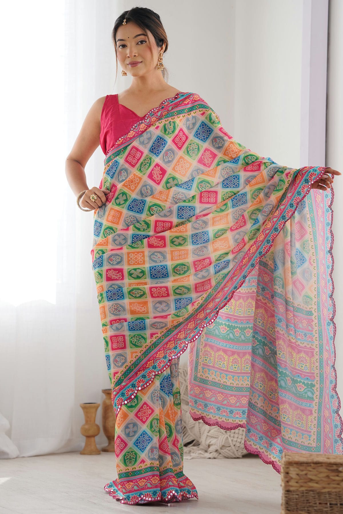 Multicolour Chinon Printed Saree