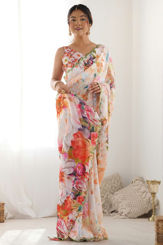 Multicolour Chinon Printed Saree