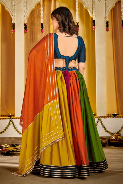 Multicolour Colour Embroidery Work Rangoli Silk Navratri Lehenga