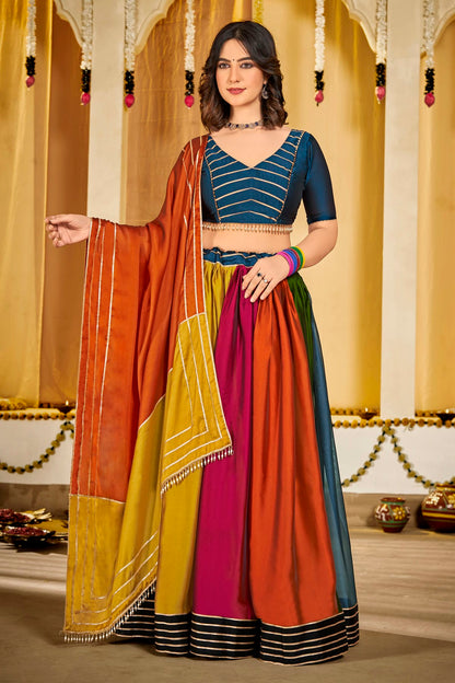 Multicolour Colour Embroidery Work Rangoli Silk Navratri Lehenga