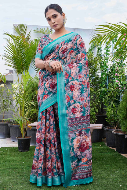 Multicolour Linen Blend Printed Saree