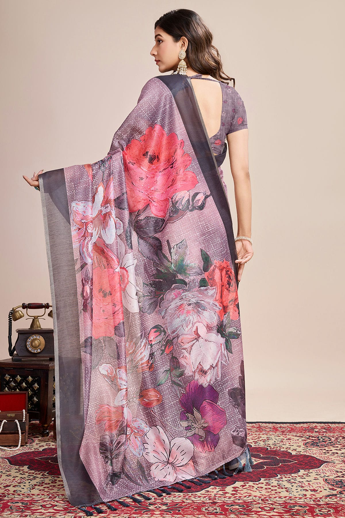 Multicolour Linen Printed Saree