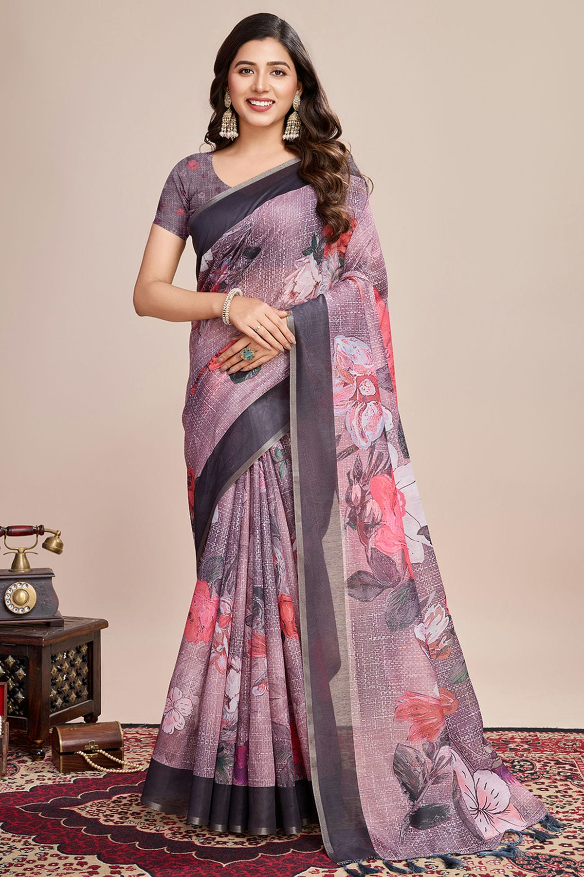 Multicolour Linen Printed Saree