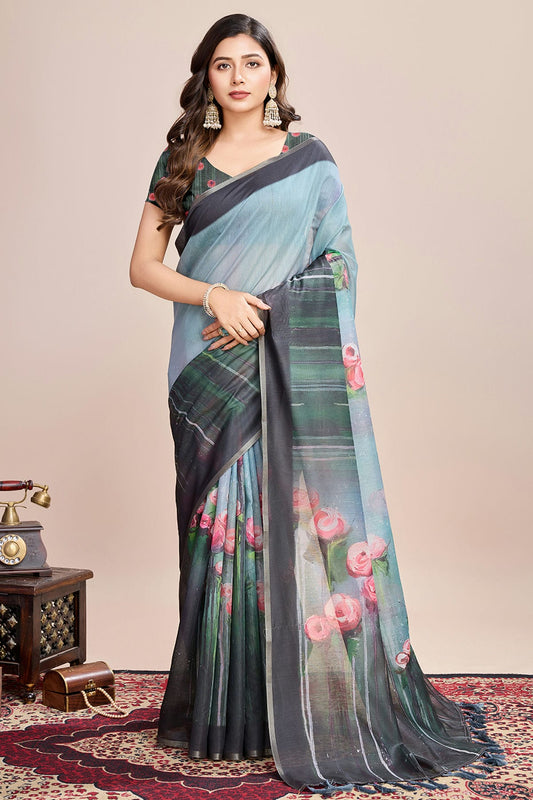 Multicolour Linen Printed Saree