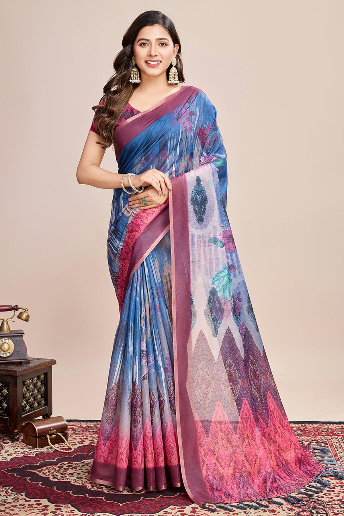 Multicolour Linen Printed Saree