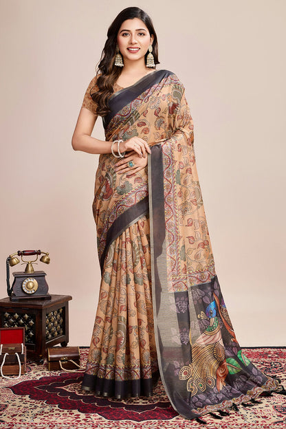 Multicolour Linen Printed Saree