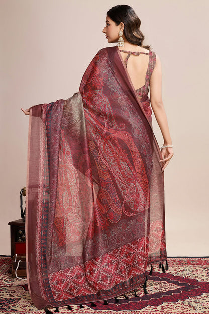 Multicolour Linen Printed Saree