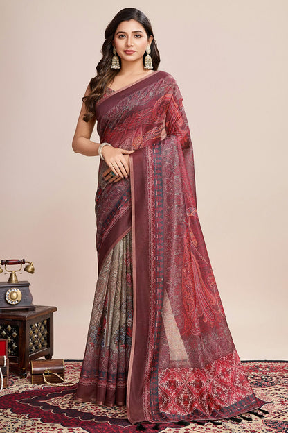 Multicolour Linen Printed Saree